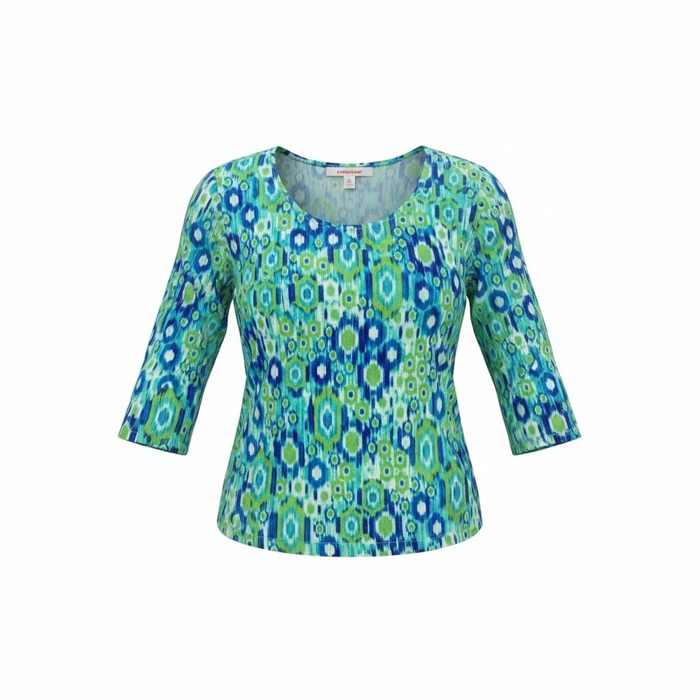 Ruby Rd. Favorites Women Blue Green Geometric Ikat 3/4 Sleeve Top Large